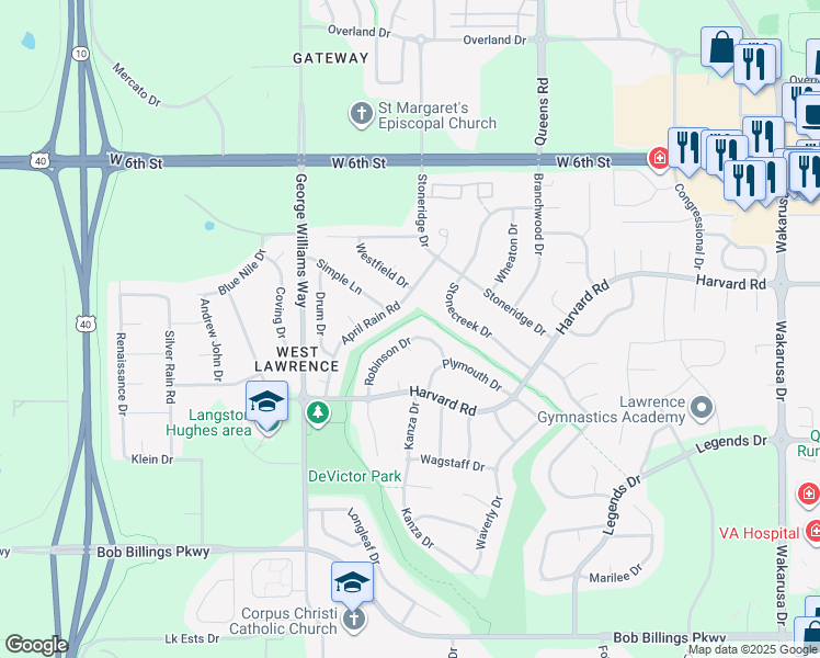 map of restaurants, bars, coffee shops, grocery stores, and more near 940 April Rain Road in Lawrence