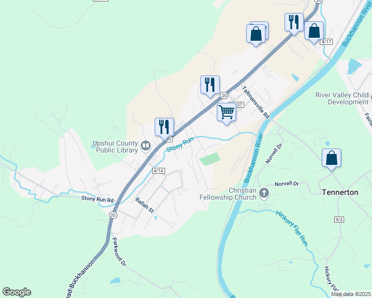 map of restaurants, bars, coffee shops, grocery stores, and more near 90 Jack Lane in Buckhannon