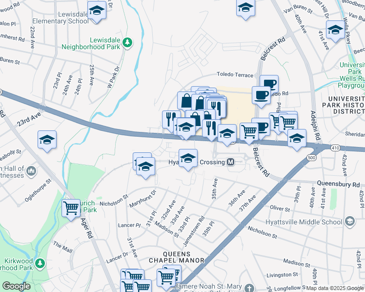 map of restaurants, bars, coffee shops, grocery stores, and more near 3401 East-West Highway in Hyattsville