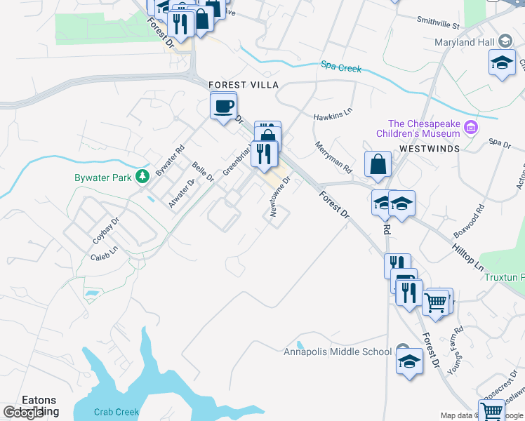 map of restaurants, bars, coffee shops, grocery stores, and more near 6 Juliana Circle West in Annapolis