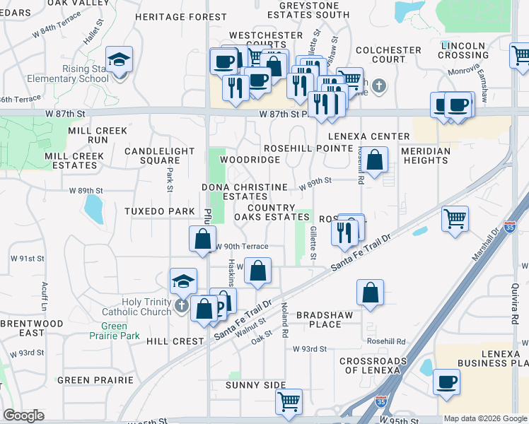 map of restaurants, bars, coffee shops, grocery stores, and more near 8906 Hauser Street in Lenexa