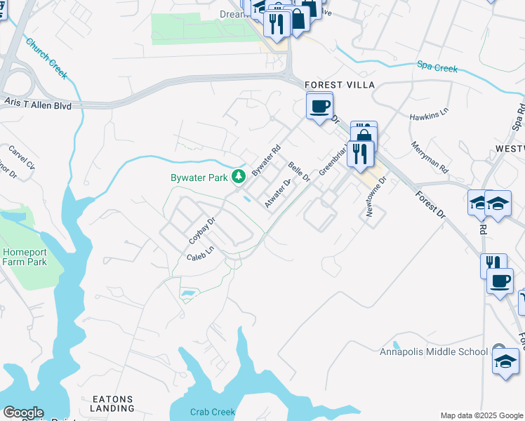map of restaurants, bars, coffee shops, grocery stores, and more near 513 Annapolitan Lane in Annapolis