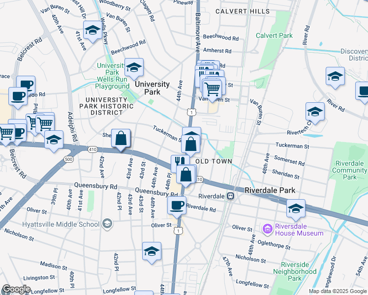 map of restaurants, bars, coffee shops, grocery stores, and more near 6412 Baltimore Avenue in University Park