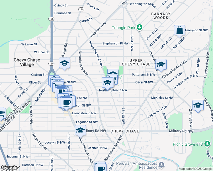 map of restaurants, bars, coffee shops, grocery stores, and more near 5710 Broad Branch Road Northwest in Washington