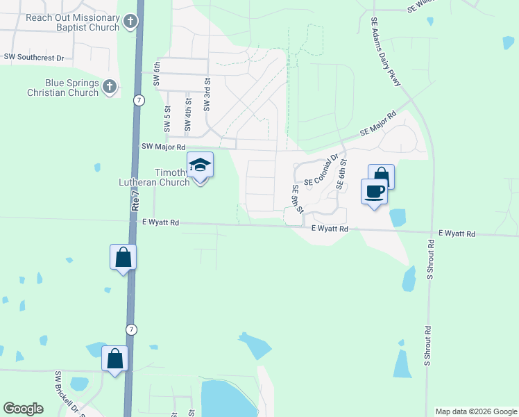 map of restaurants, bars, coffee shops, grocery stores, and more near 102 SW Rose St in Blue Springs
