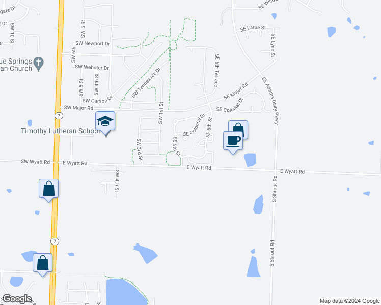map of restaurants, bars, coffee shops, grocery stores, and more near 509 Southeast Maple Drive in Blue Springs