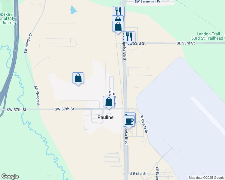 map of restaurants, bars, coffee shops, grocery stores, and more near 15 Southwest Rex Street in Topeka
