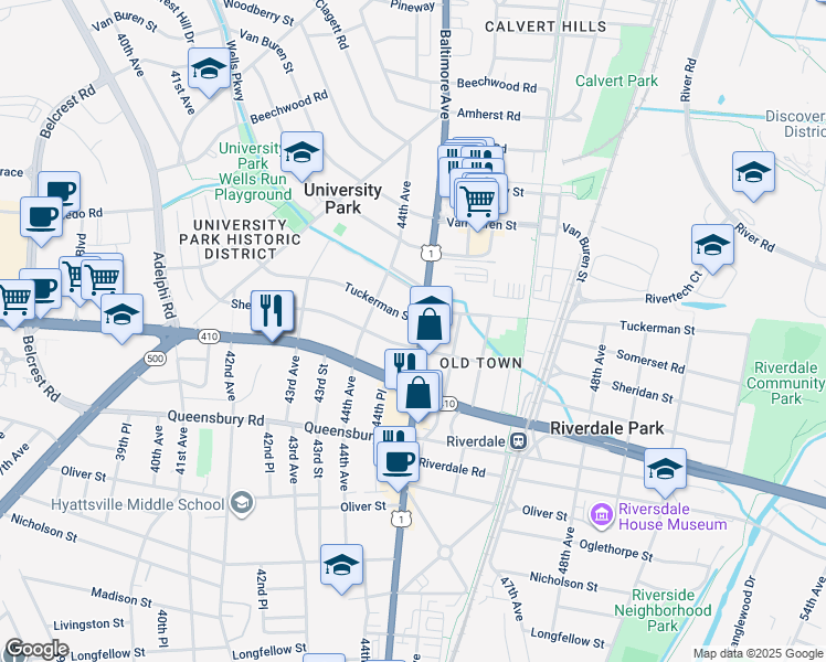 map of restaurants, bars, coffee shops, grocery stores, and more near 6412 Baltimore Avenue in University Park