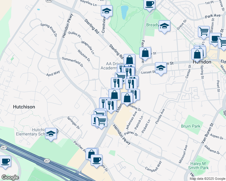 map of restaurants, bars, coffee shops, grocery stores, and more near 616 Dulles Park Court in Herndon