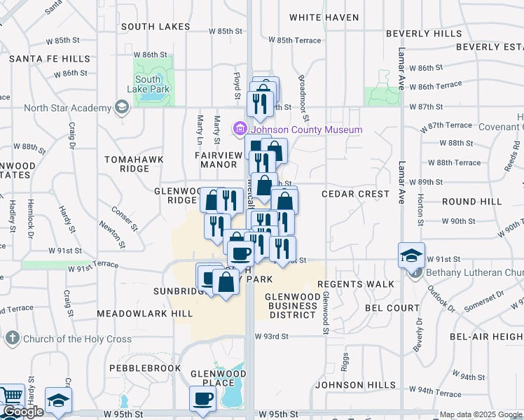 map of restaurants, bars, coffee shops, grocery stores, and more near 8901 Metcalf Avenue in Overland Park