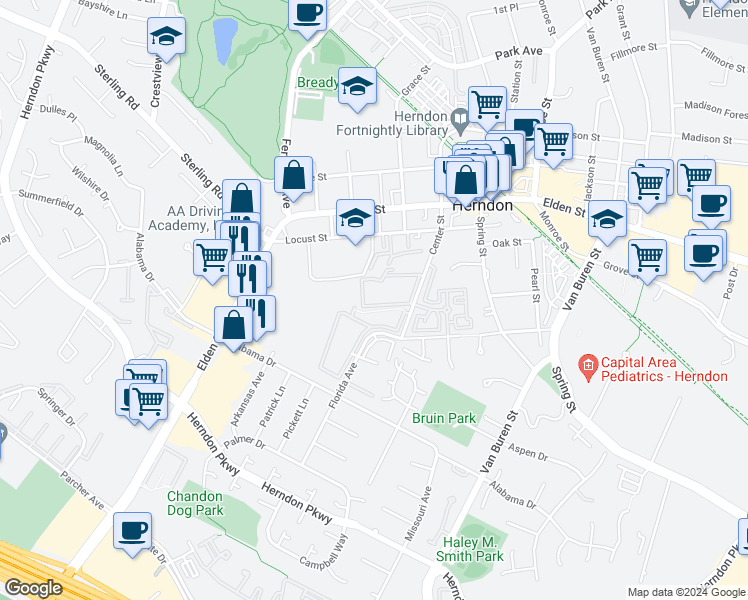map of restaurants, bars, coffee shops, grocery stores, and more near 611 Center Street in Herndon
