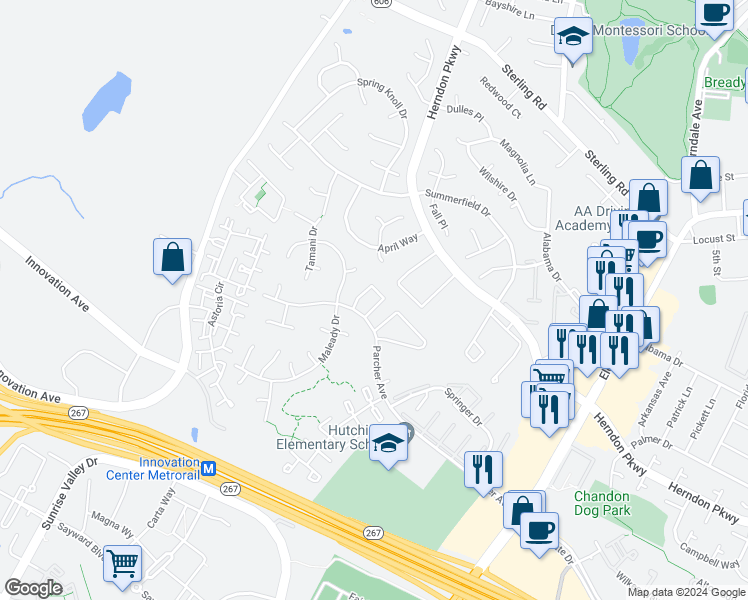 map of restaurants, bars, coffee shops, grocery stores, and more near 2115 Mager Drive in Herndon