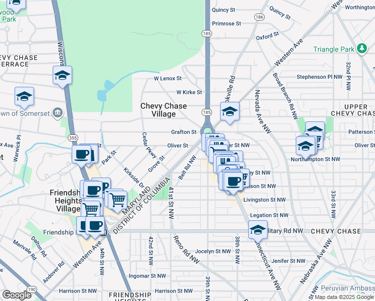 map of restaurants, bars, coffee shops, grocery stores, and more near 5636 Western Avenue in Chevy Chase