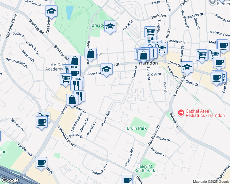map of restaurants, bars, coffee shops, grocery stores, and more near 611 Center Street in Herndon