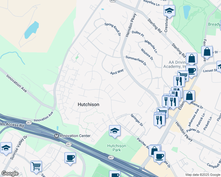 map of restaurants, bars, coffee shops, grocery stores, and more near 2115 Mager Drive in Herndon