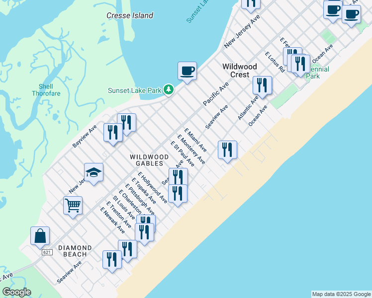 map of restaurants, bars, coffee shops, grocery stores, and more near 215 East Monterey Avenue in Wildwood Crest