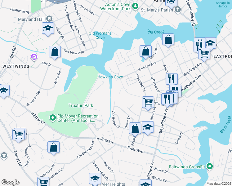 map of restaurants, bars, coffee shops, grocery stores, and more near 1217 Madison Street in Annapolis