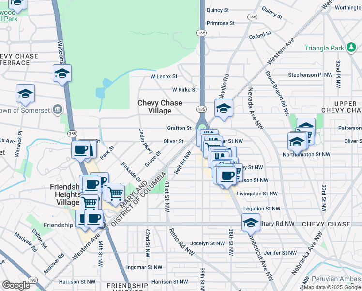 map of restaurants, bars, coffee shops, grocery stores, and more near 5636 Western Avenue in Chevy Chase