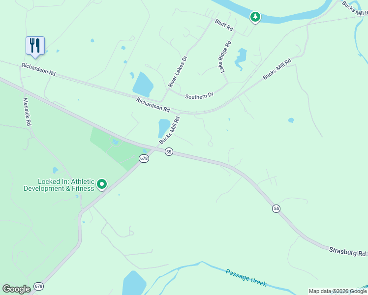 map of restaurants, bars, coffee shops, grocery stores, and more near 116 Bucks Mill Road in Strasburg