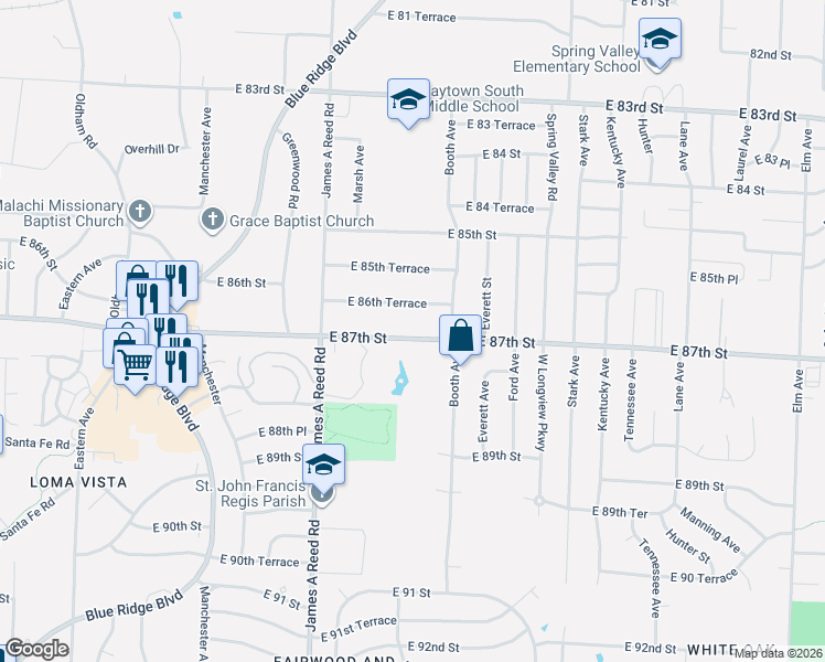 map of restaurants, bars, coffee shops, grocery stores, and more near 8407 East 86th Terrace in Raytown
