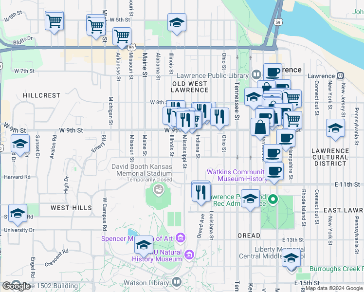 map of restaurants, bars, coffee shops, grocery stores, and more near 918 Mississippi Street in Lawrence