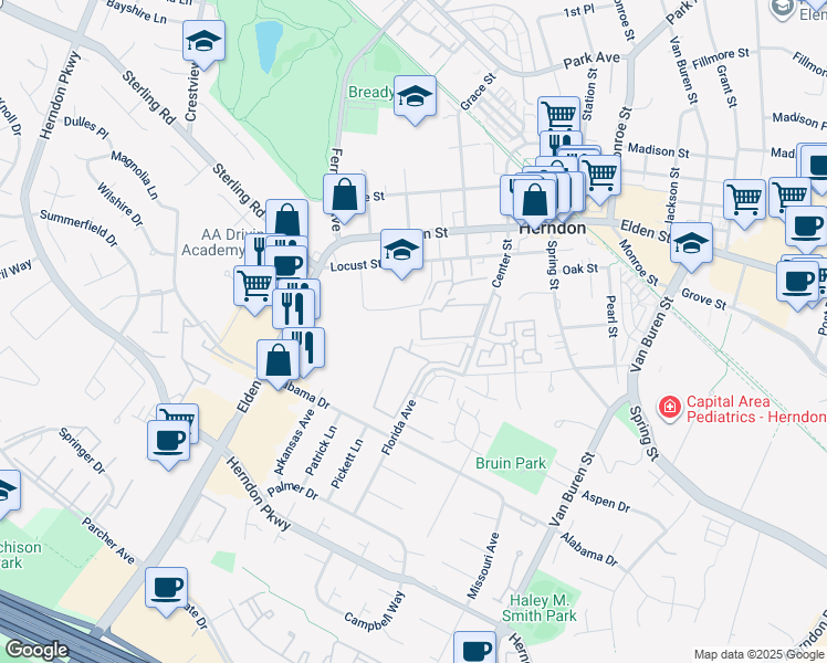 map of restaurants, bars, coffee shops, grocery stores, and more near 545 Florida Avenue in Herndon