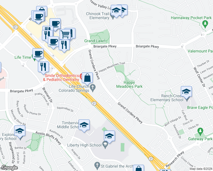 map of restaurants, bars, coffee shops, grocery stores, and more near 4907 Rabbit Mountain Court in Colorado Springs