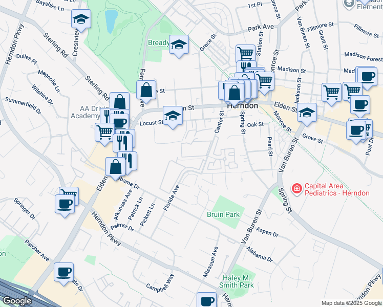 map of restaurants, bars, coffee shops, grocery stores, and more near 609 Center Street in Herndon