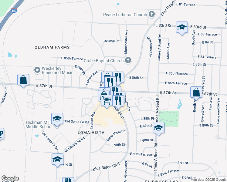 map of restaurants, bars, coffee shops, grocery stores, and more near Blue Ridge Blvd & E 87th St in Kansas City