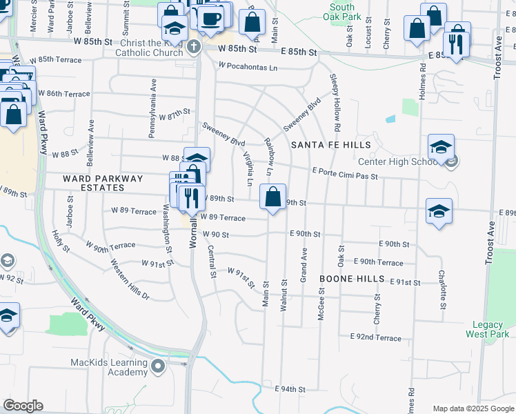 map of restaurants, bars, coffee shops, grocery stores, and more near 8845 Virginia Lane in Kansas City