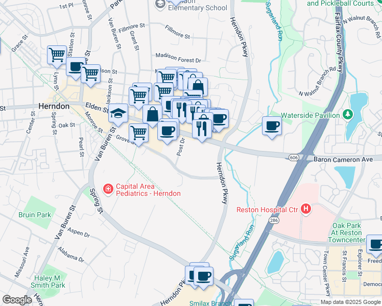 map of restaurants, bars, coffee shops, grocery stores, and more near 381 Elden Street in Herndon