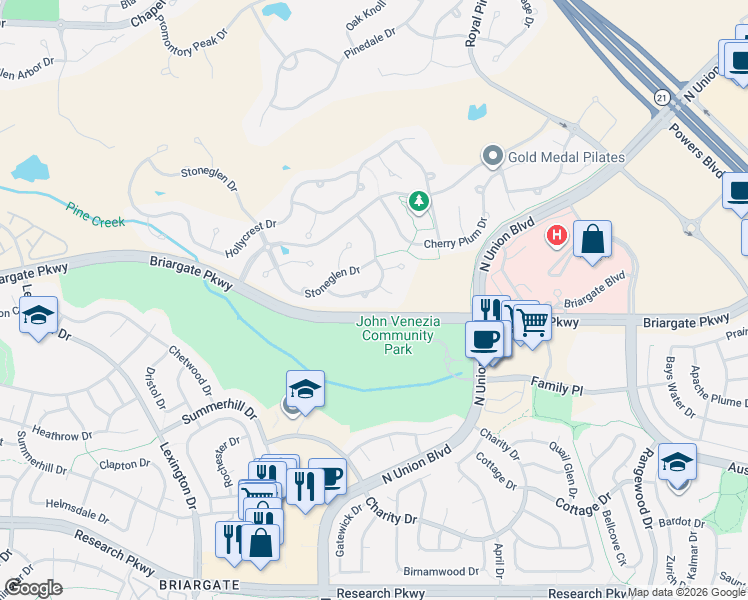 map of restaurants, bars, coffee shops, grocery stores, and more near 3432 Verbena Circle in Colorado Springs