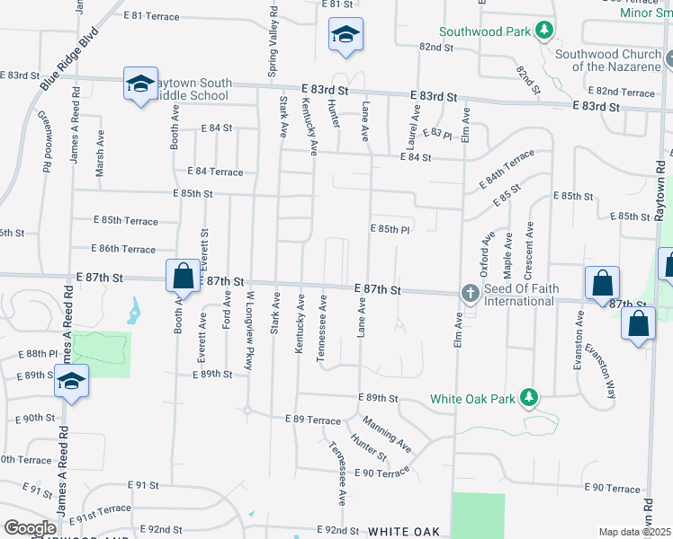 map of restaurants, bars, coffee shops, grocery stores, and more near 8633 East Utopia Drive in Raytown