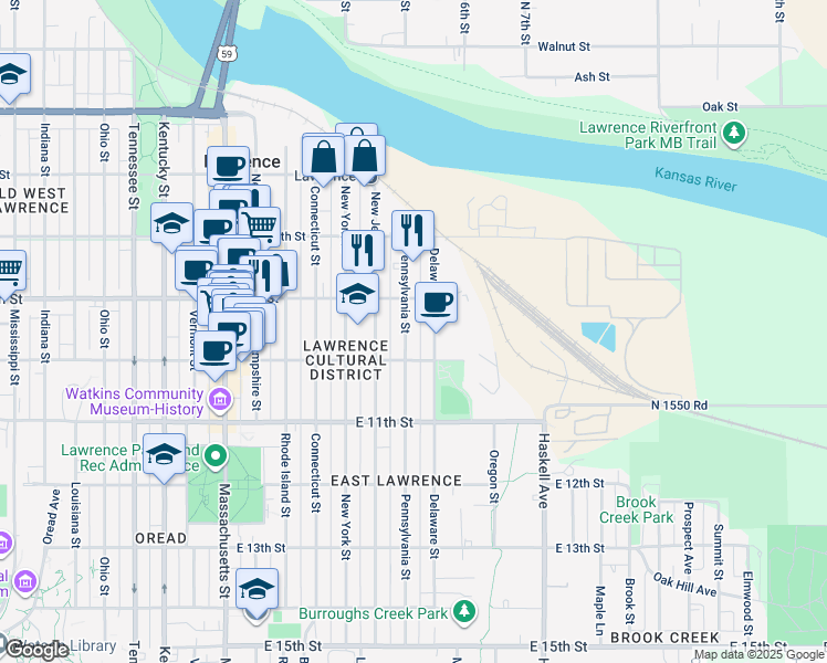 map of restaurants, bars, coffee shops, grocery stores, and more near 909 Pennsylvania Street in Lawrence