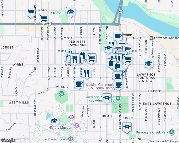 map of restaurants, bars, coffee shops, grocery stores, and more near 911 Ohio Street in Lawrence