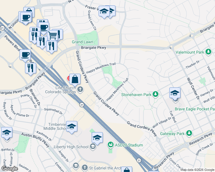 map of restaurants, bars, coffee shops, grocery stores, and more near 5079 Farris Creek Court in Colorado Springs