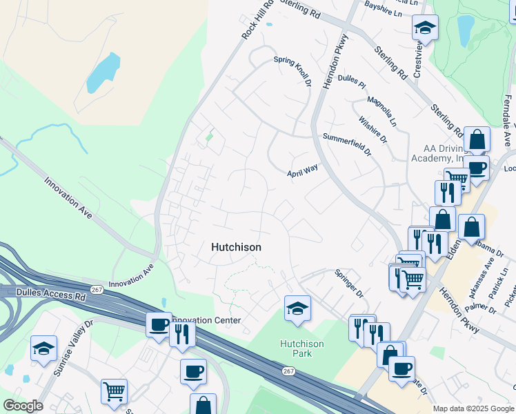map of restaurants, bars, coffee shops, grocery stores, and more near 13400 Parcher Avenue in Herndon