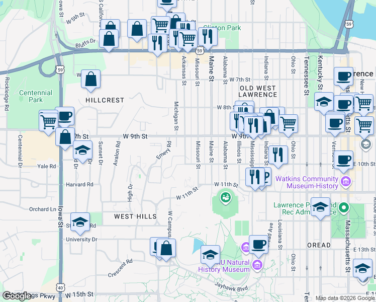 map of restaurants, bars, coffee shops, grocery stores, and more near 901 Arkansas Street in Lawrence