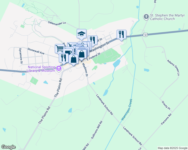map of restaurants, bars, coffee shops, grocery stores, and more near 115 South Madison Street in Middleburg