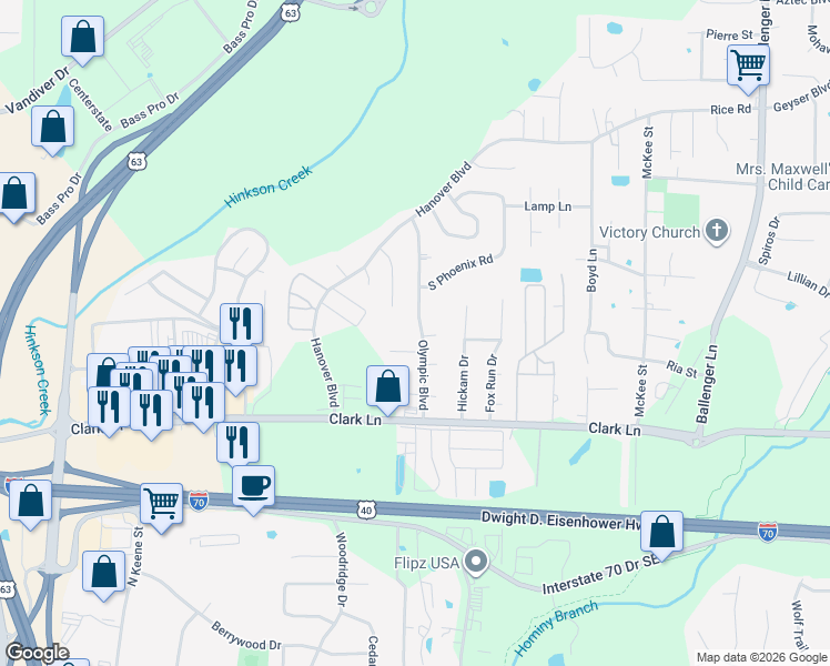 map of restaurants, bars, coffee shops, grocery stores, and more near 1509 Olympic Boulevard in Columbia