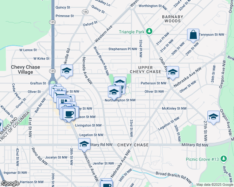 map of restaurants, bars, coffee shops, grocery stores, and more near 5701 Broad Branch Road Northwest in Washington