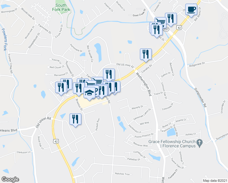 map of restaurants, bars, coffee shops, grocery stores, and more near 1573 Cavalry Ln in Union