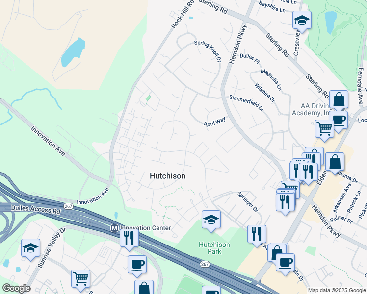 map of restaurants, bars, coffee shops, grocery stores, and more near 13400 Parcher Avenue in Herndon