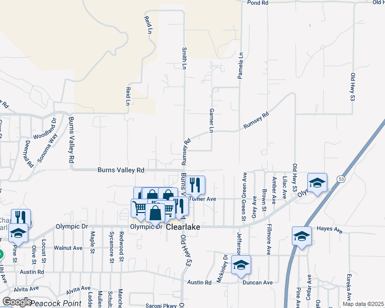 map of restaurants, bars, coffee shops, grocery stores, and more near 3194 Bartram Circle in Clearlake