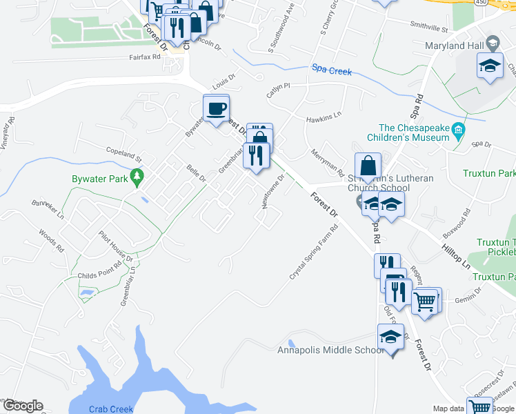 map of restaurants, bars, coffee shops, grocery stores, and more near 3 Juliana Circle West in Annapolis