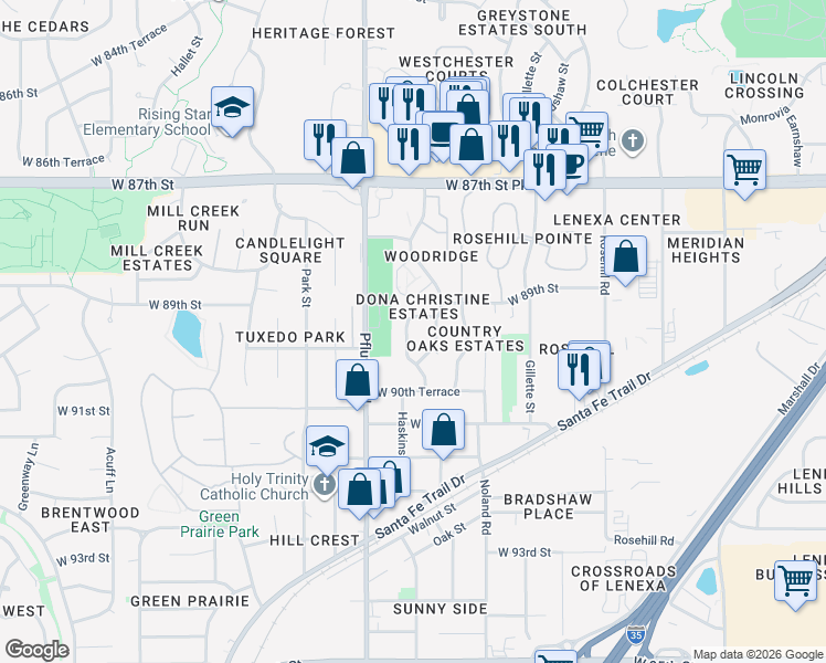 map of restaurants, bars, coffee shops, grocery stores, and more near 13308 West 89th Terrace in Lenexa