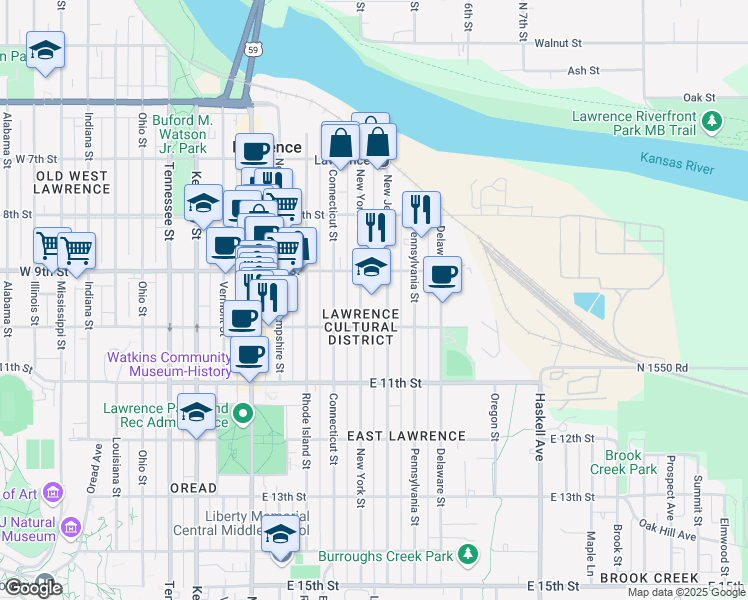 map of restaurants, bars, coffee shops, grocery stores, and more near 936 New York Street in Lawrence