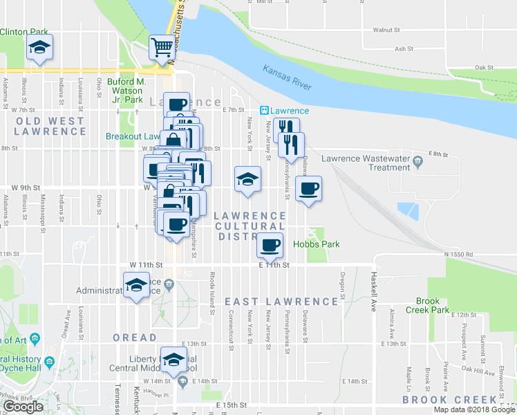 map of restaurants, bars, coffee shops, grocery stores, and more near 936 New York Street in Lawrence