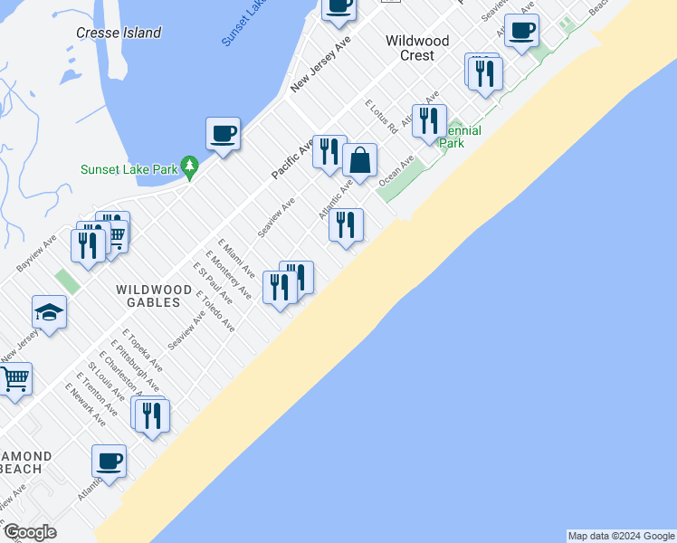 map of restaurants, bars, coffee shops, grocery stores, and more near 508 East Stanton Road in Wildwood Crest