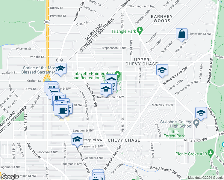 map of restaurants, bars, coffee shops, grocery stores, and more near 5701 Broad Branch Road Northwest in Washington